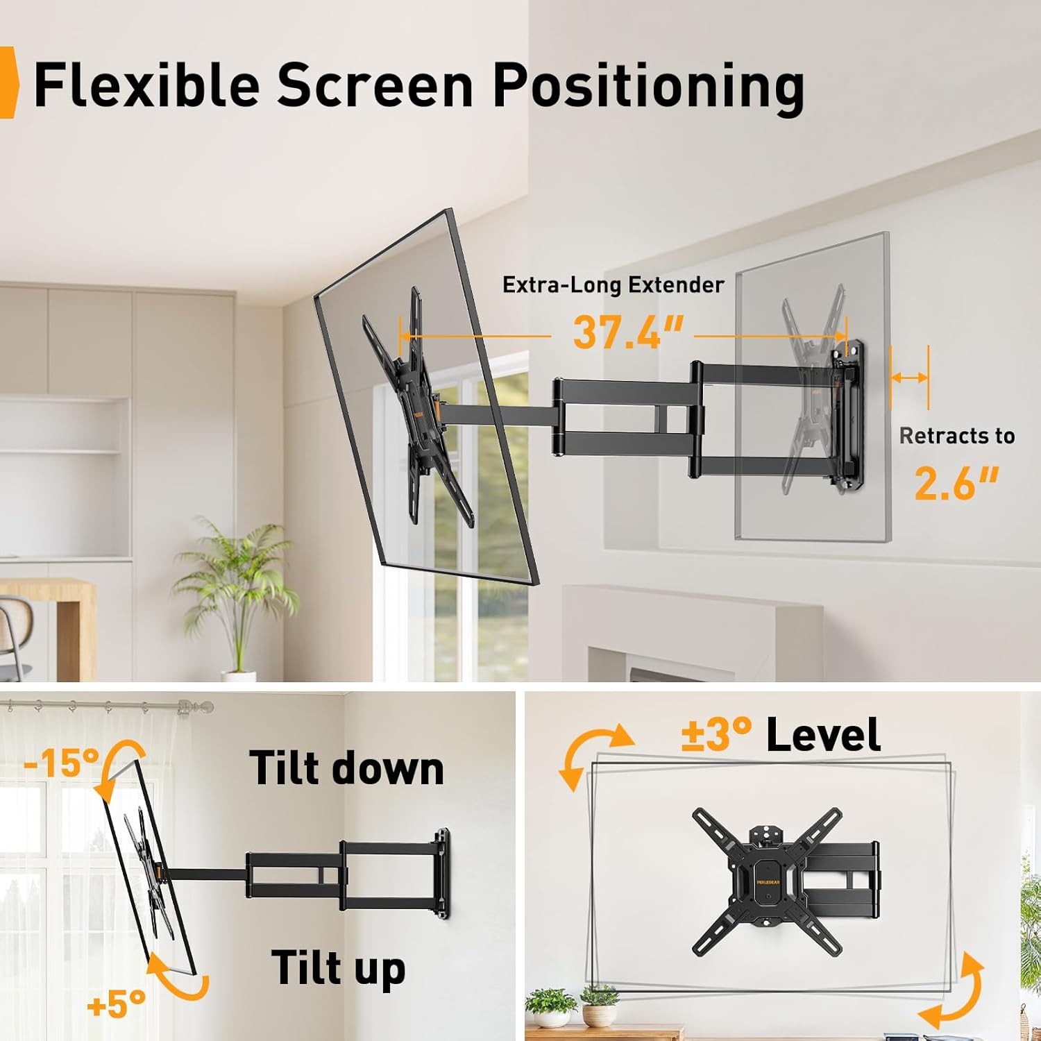 Long Arm TV Wall Mount for 32-65″ TVs, 37.4” Long Extension Corner TV Mount