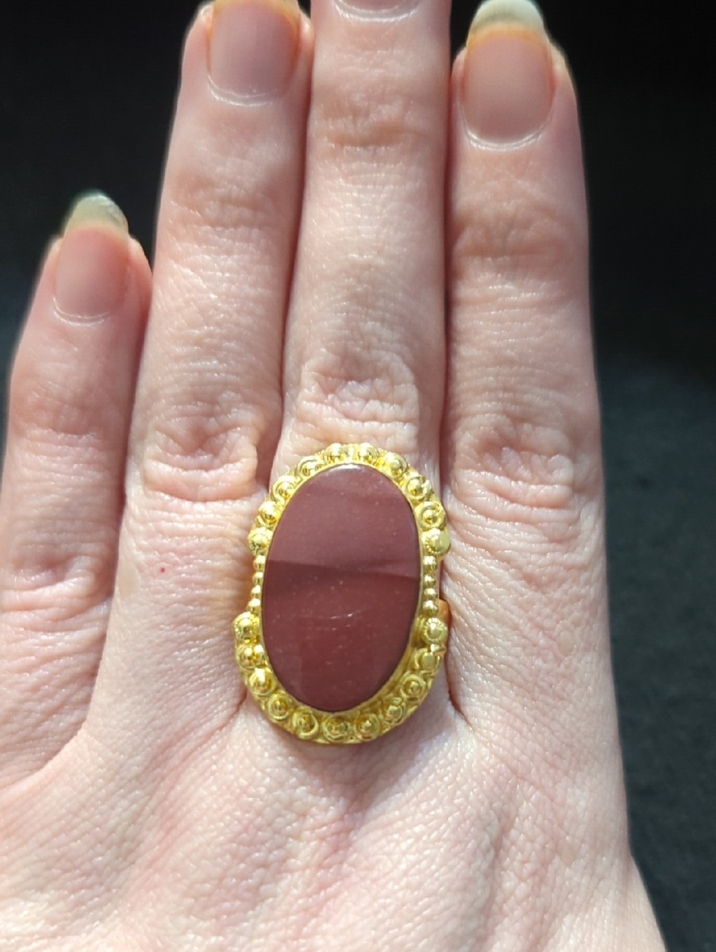 Gold Plated Red Mauve Mookaite Gemstone Oval Statement Ring - Size 9.5