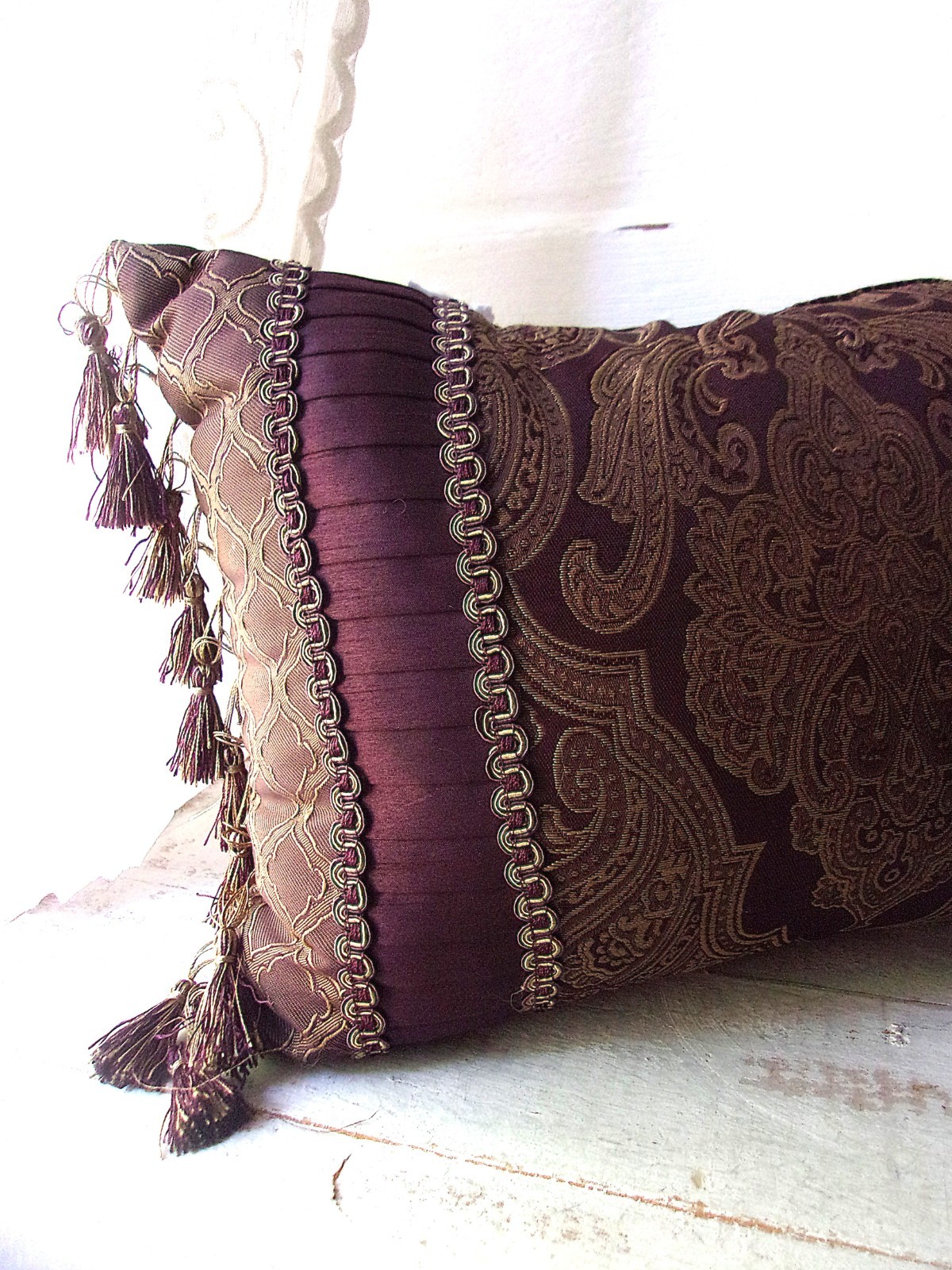 Decorative Boudoir Bedding Pillow  Expresso Garnet Bronze Tassels Lace 18" x 10"