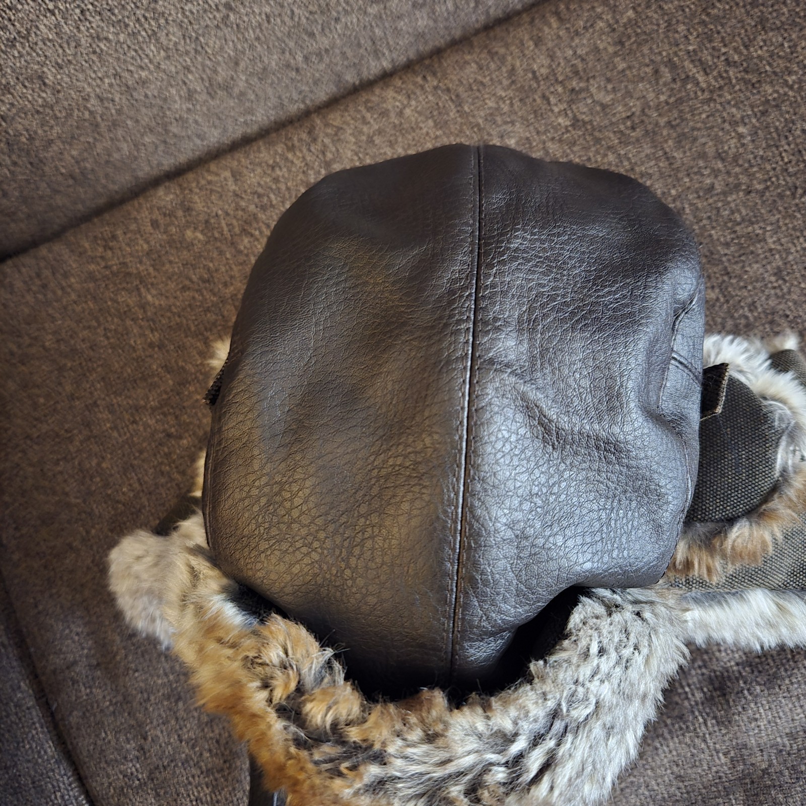 EUC Size L Red Head Leather Canvas Brown Trapper Hat Faux Fur Trim Quilted Lined
