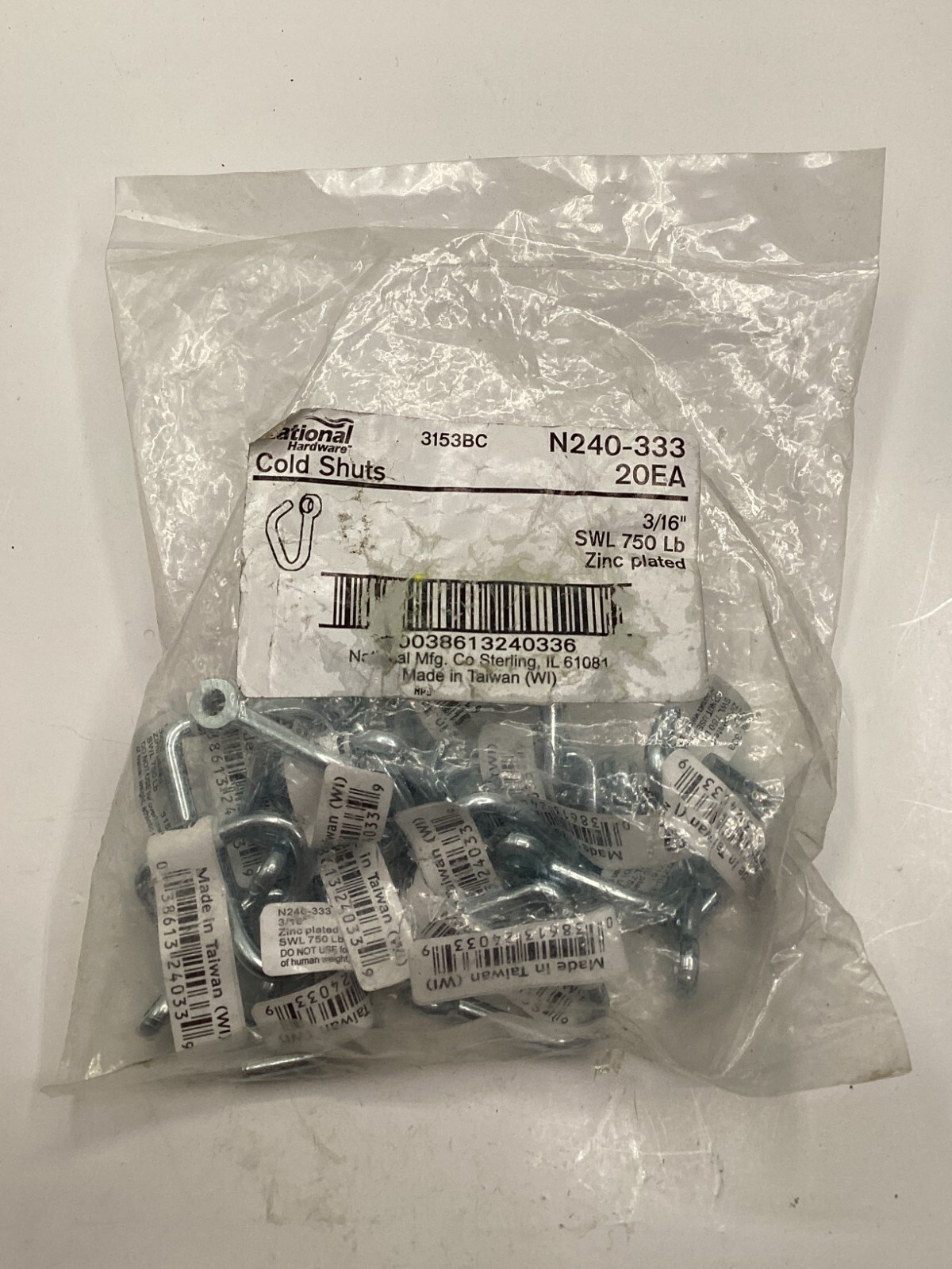 ( pack of 20)National Hardware Cold Shuts 3/16" SWL 750 Lb Zinc Plated 3153BC