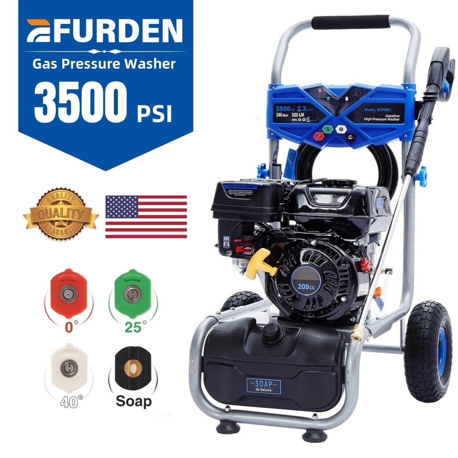 Efurden Cold Water Pressure Washer Gas Powered 3500PSI 2.3GPM 209cc 4 Nozzles
