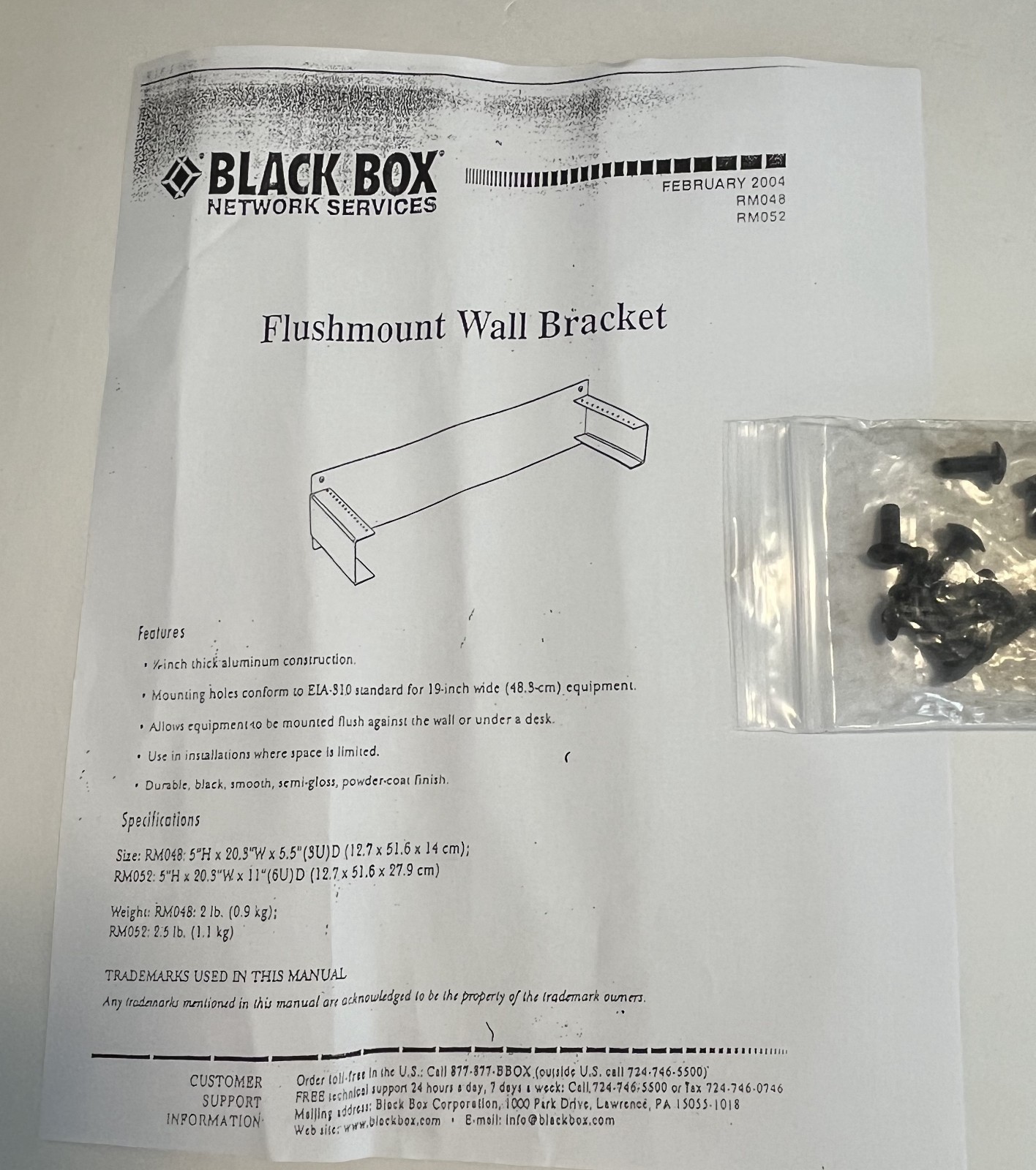 Black Box Network Services RM48 3U Flushmount Mount Black Wall Bracket USA