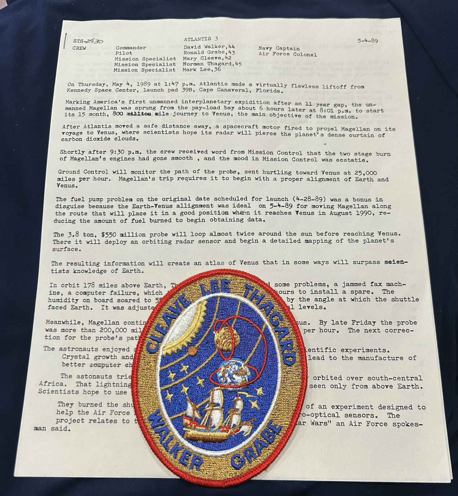 NASA STS-30 Space Shuttle Atlantis 1989 Mission Patch W/Notes from NASA Empl.
