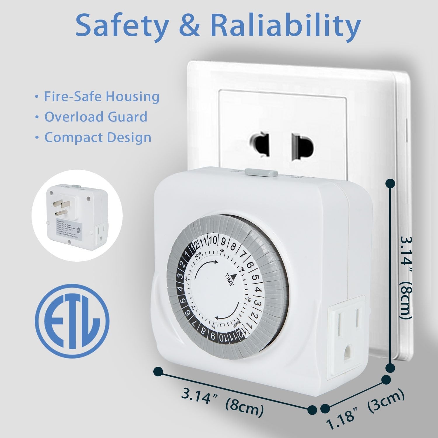 24-Hour Mechanical Timer for Electrical Outlets, Dual 3-Prong Outlets, 30-Min...