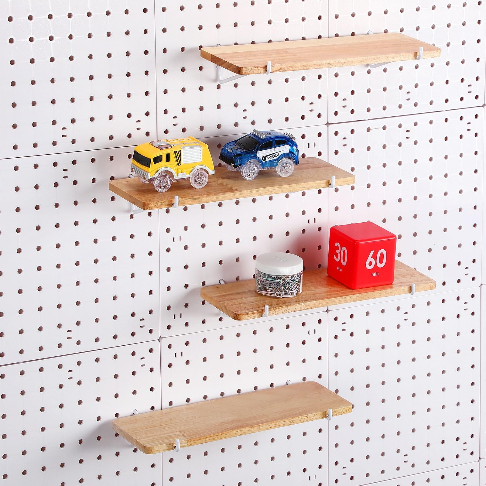 4 Pack Pegboard Shelf Set Wooden Pegboard Shelves Accessories with Metal Hook...