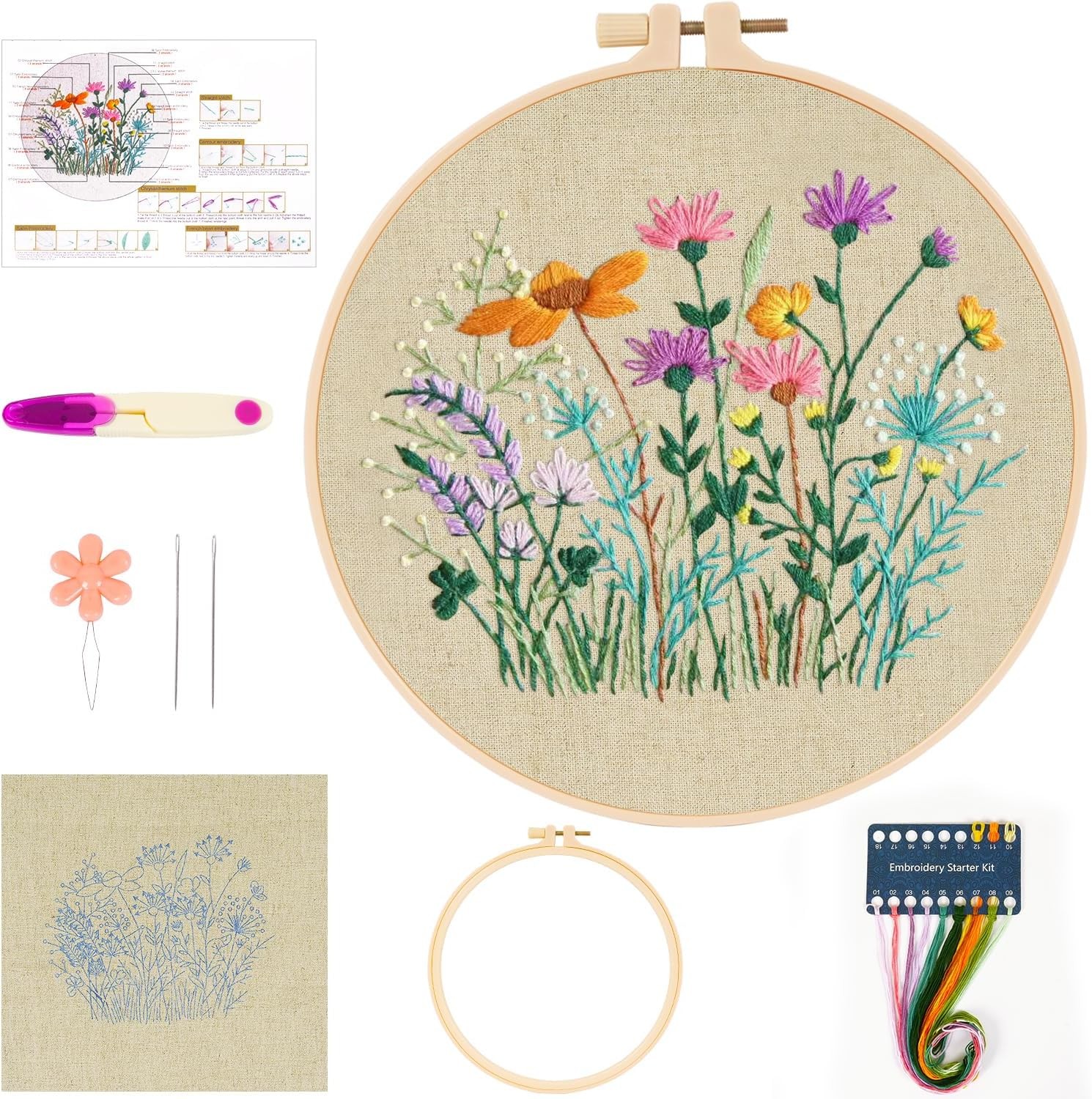 MAMUNU Embroidery Kit for Beginners Adults, 7.87 inches x inches, Floral