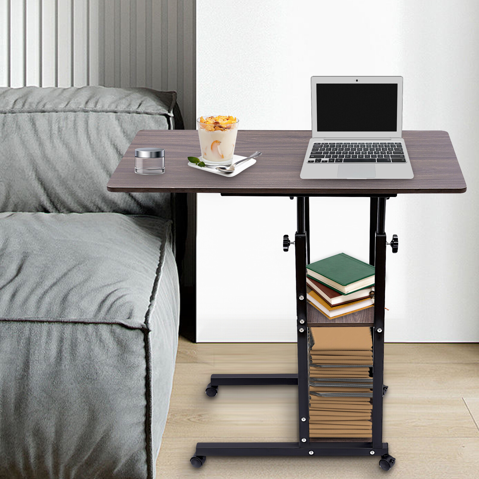 Height Adjustable C Table with Wheels and Storage Shelves for Couch Bed Recliner