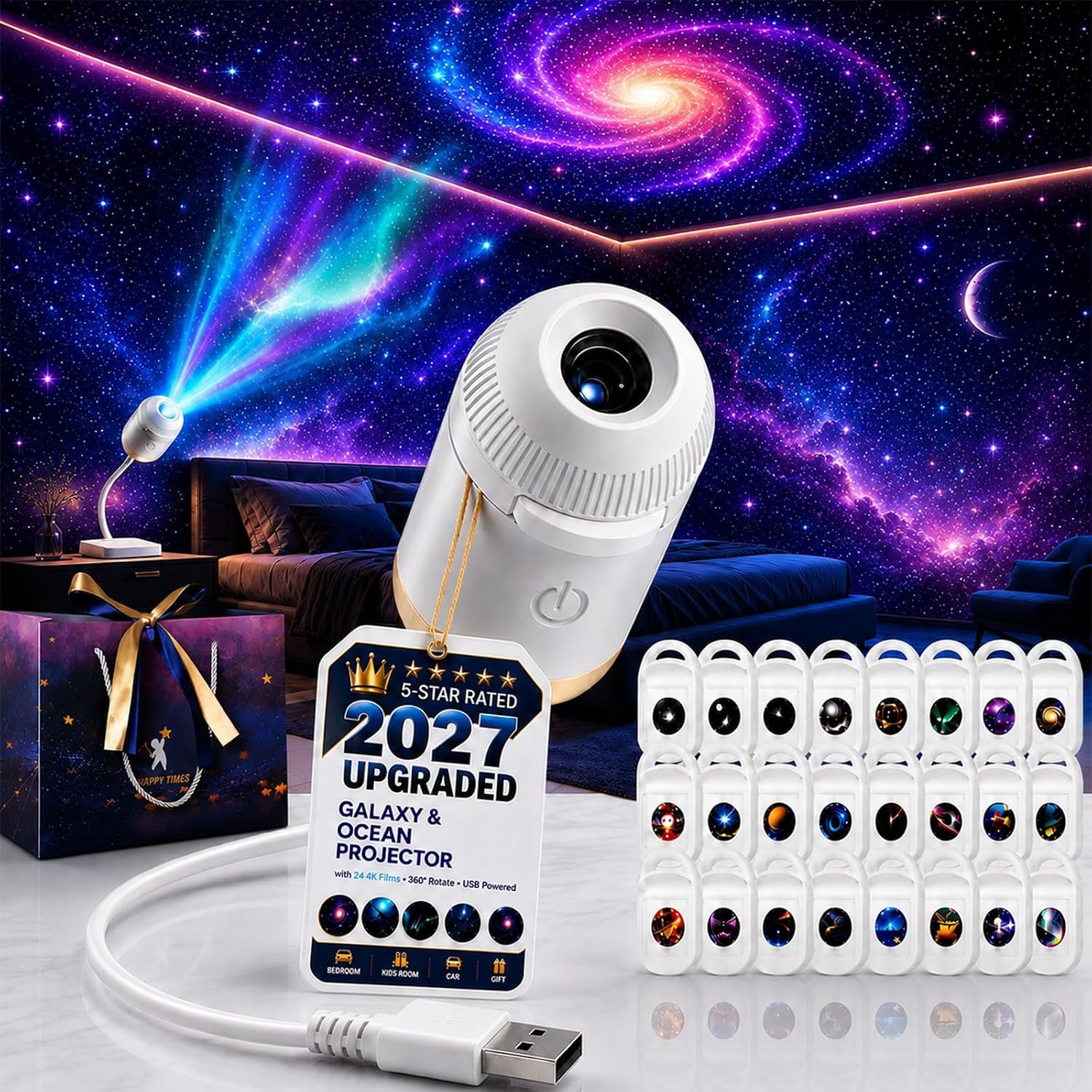 5D Holographic Star Projector 360°Adjustable,Galaxy/Ocean Night Light w/24 Films