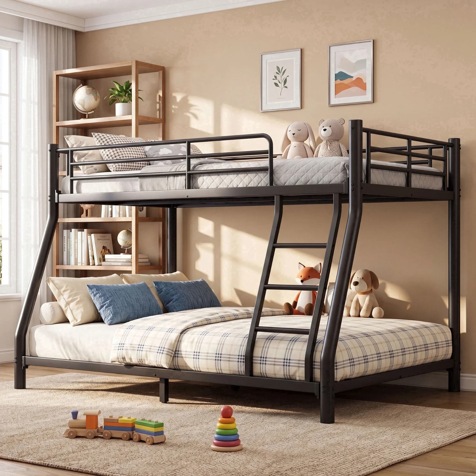 Heavy Duty bunk beds twin over full with stairs Guardrail Underbed Storage Black