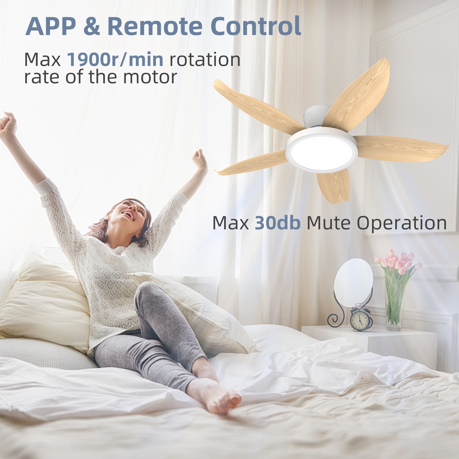 42" Low Profile White Ceiling Fan with LED Light Flush Mount Remote APP Control