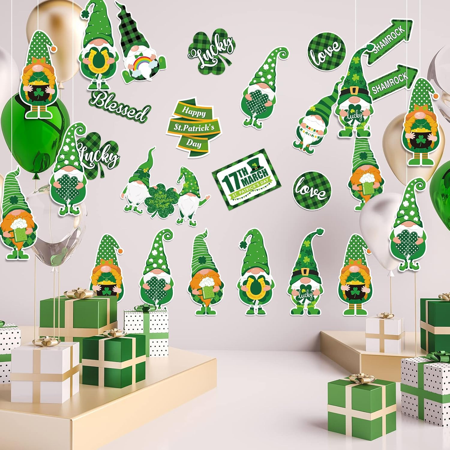 St. Patrick's Day Gnome & Shamrock Cutouts for Classroom & Party Decor, 42 Pcs