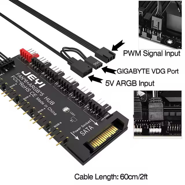 🔥JEYI ARGB PWM 5-Way Fan Hub 12V 4Pin & 5V 3Pin RGB Splitter🆕