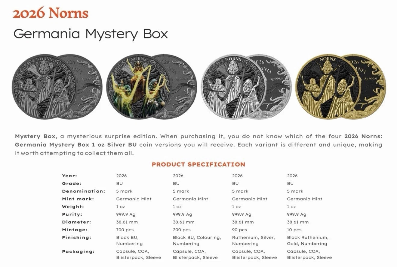 2026 Norns: Germania Mint Mystery Box 4 Variations of Coins 1 oz Silver