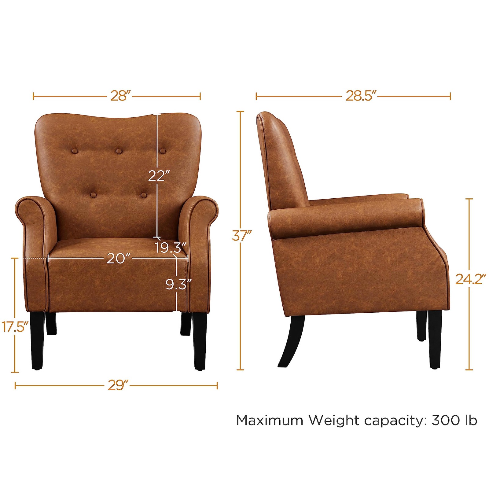 Yaheetech Modern Armchair, Mid Century PU Leather Set of 1, Retro Brown