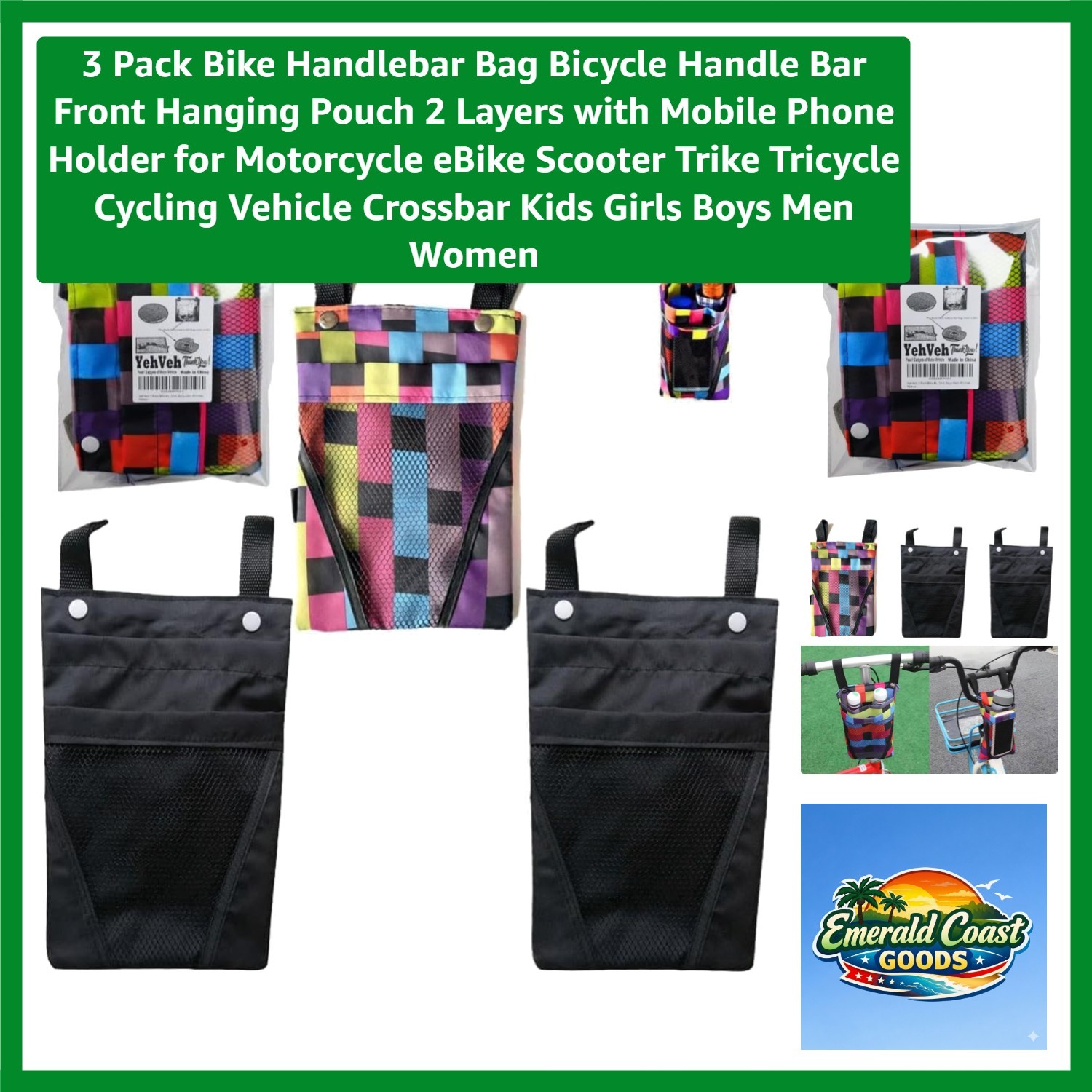 Luxury 3-Pack Bike Handlebar Bags with Mobile Holder - Perfect for Kids & Adults