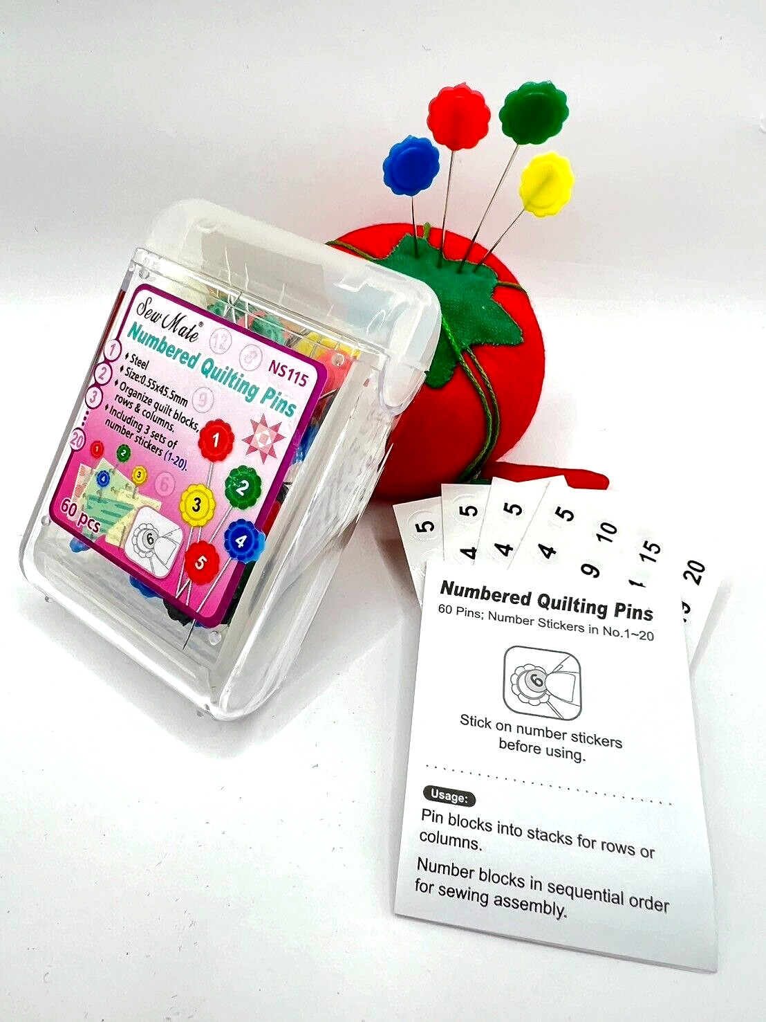 60PCS Numbered Quilting Pins with a Tomato Pin Cushion for Quilting Applique
