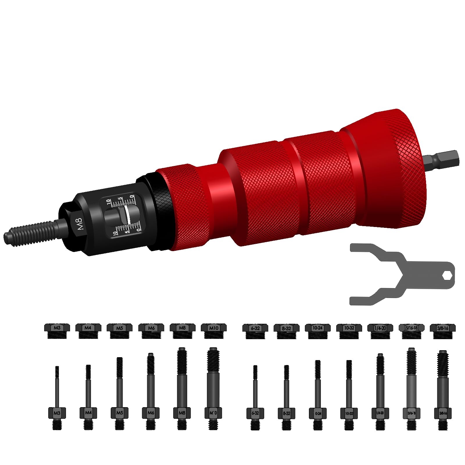 CORWIN X1 Pull-to-Stroke Rivet Nut Drill Adapter, M3-M10 & 6-32 to 3/8-16 Red