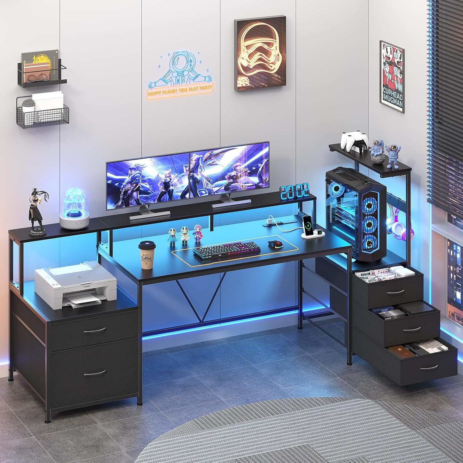 63" Gaming Desk with Drawers, Storage Shelves and Printer Stand | Balck Computer