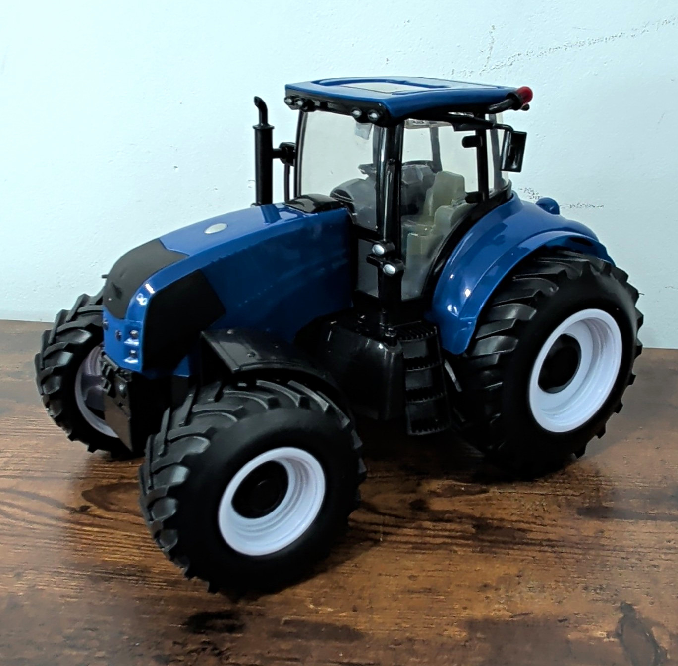 Blue Diecast Toy Farm Tractor Model w/ Cab, White Wheels, Black Accents