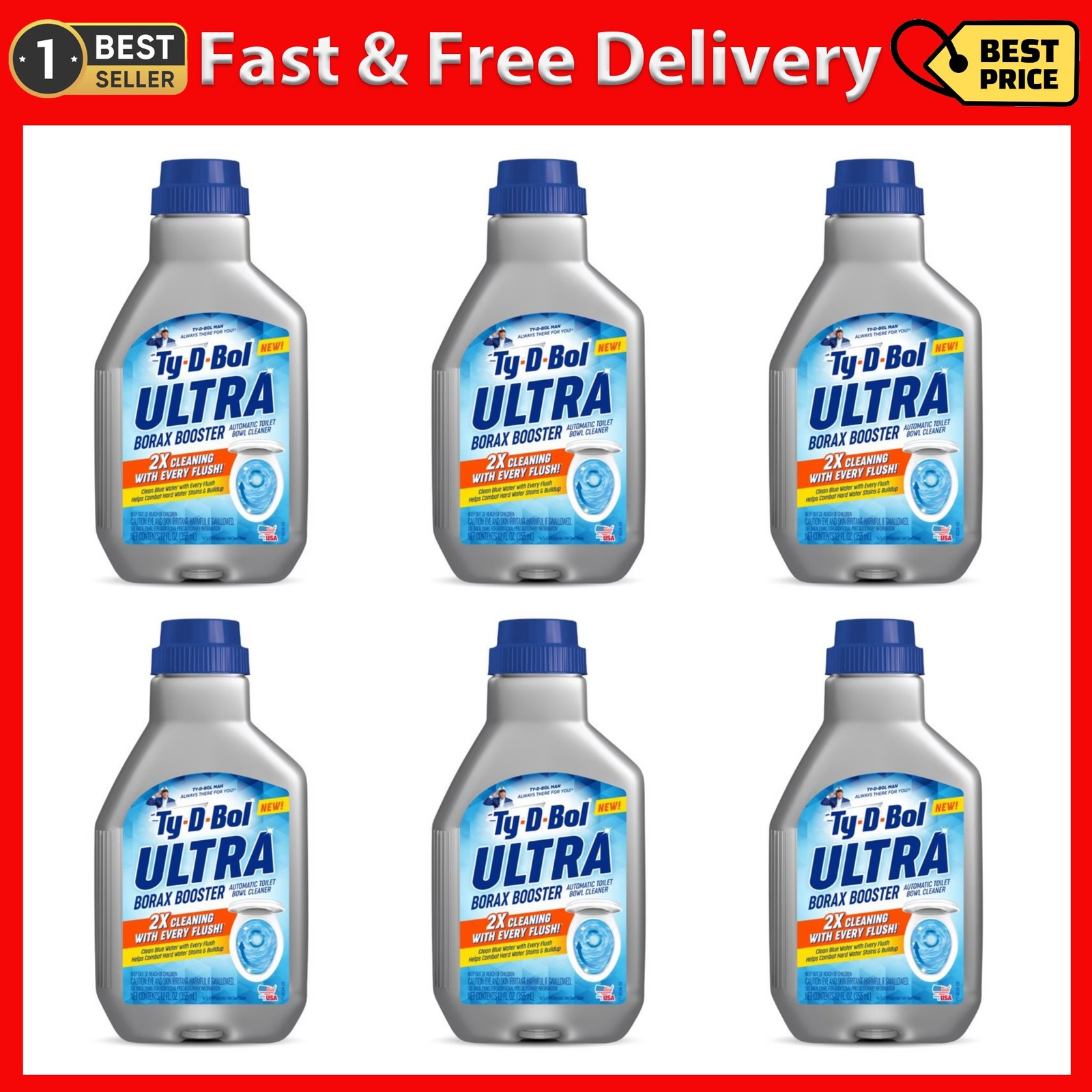NEW 6 pack TY-D-BOL BLUE ULTRA BOOSTER IN TANK LIQUID TOILET BOWL 2X CLEANER