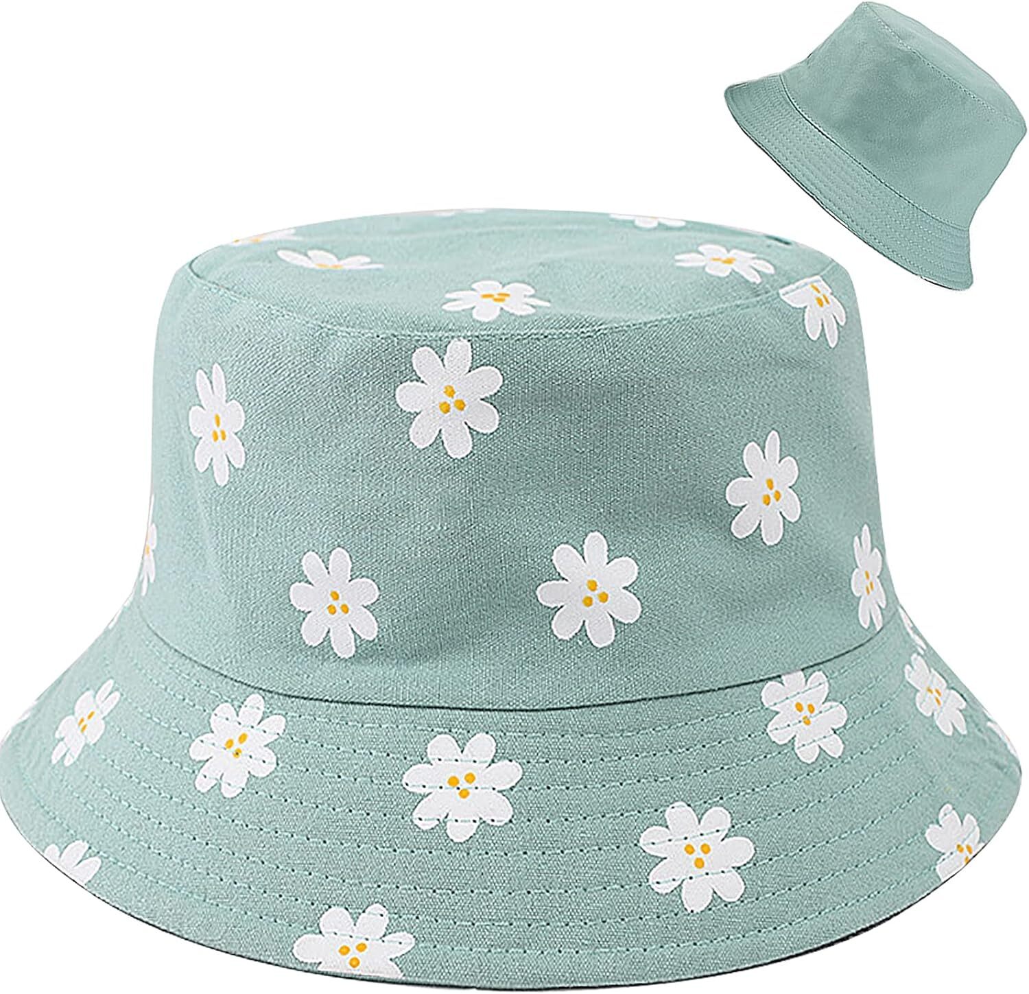 XYIYI Cute Bucket Hat Beach Fisherman Hats for Women, Reversible Flower Green