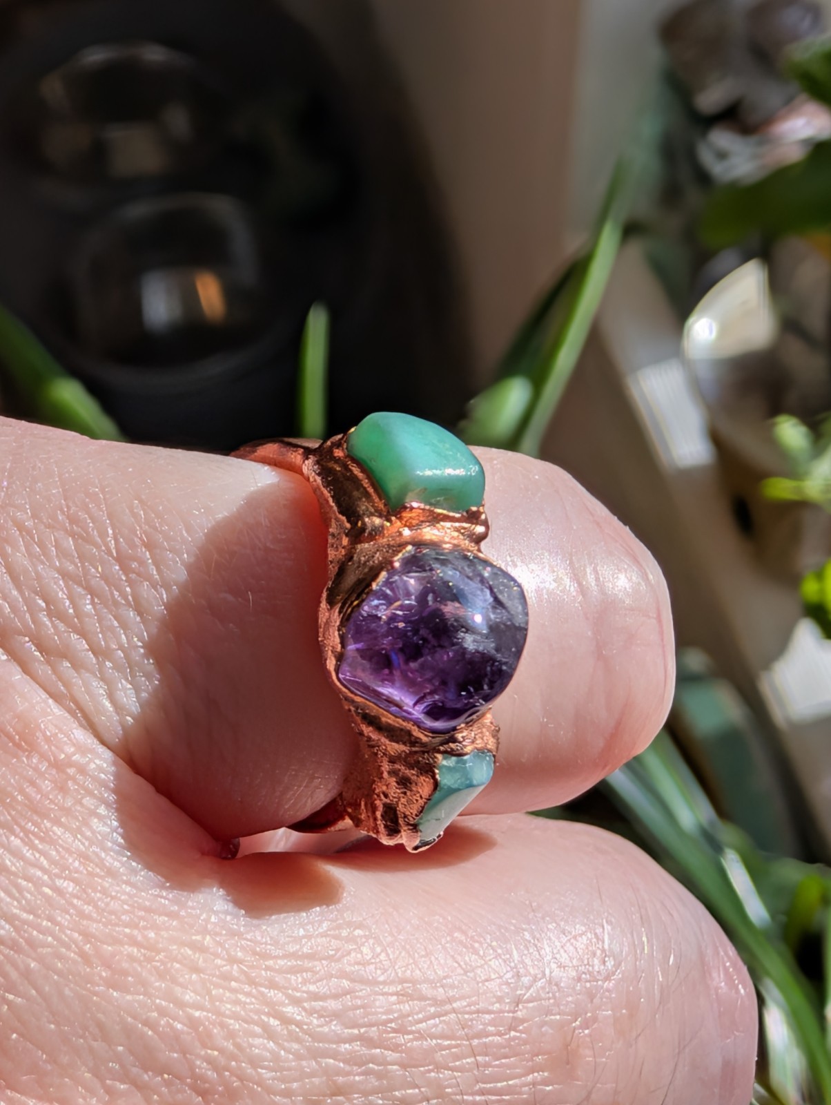 Amethyst Chrysoprase Copper Electro Form Gemstone Ring Size 6.5