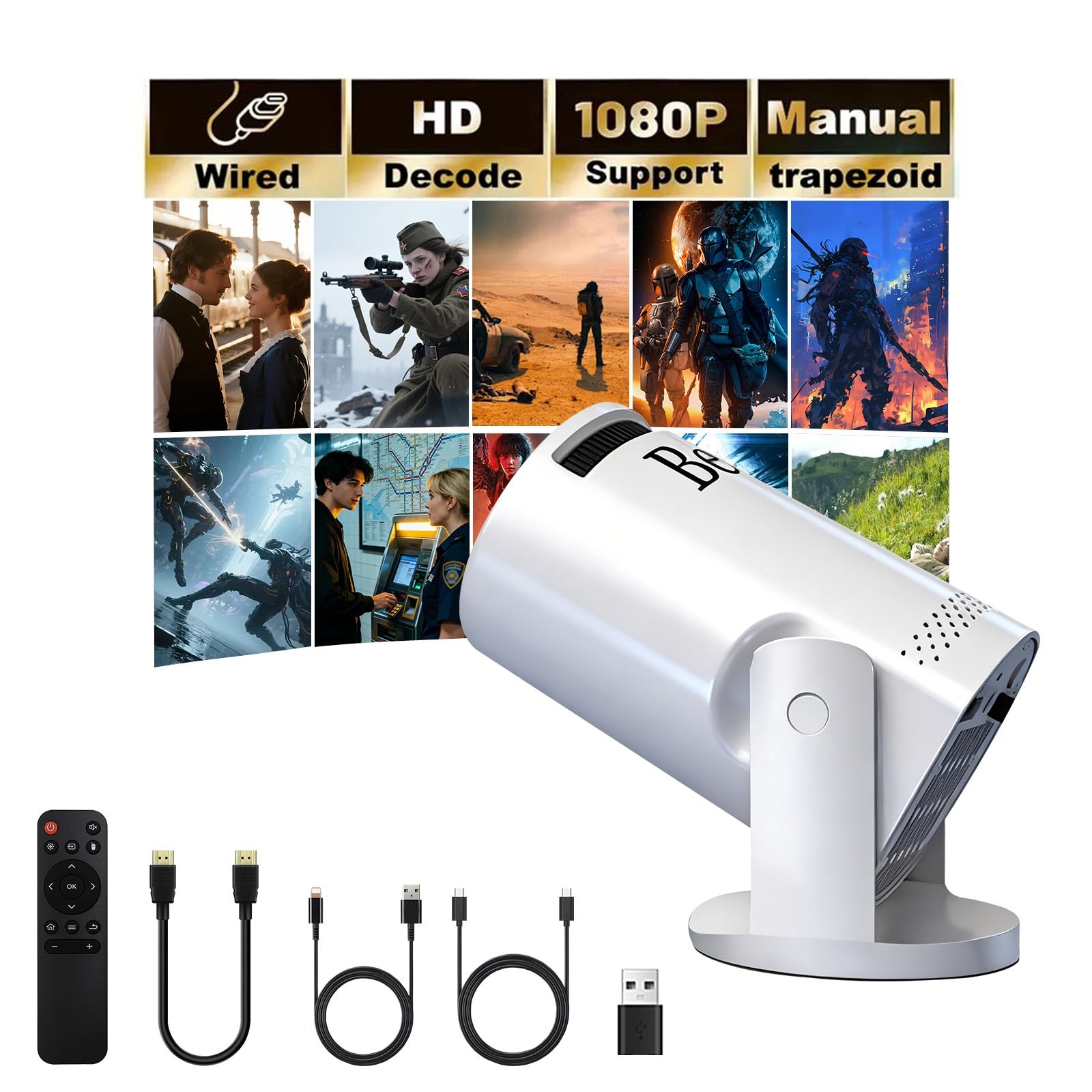 Portable 4K 1080P Mini Projector 180 Degree Rotation 17 to 130 Inch Home Cinema