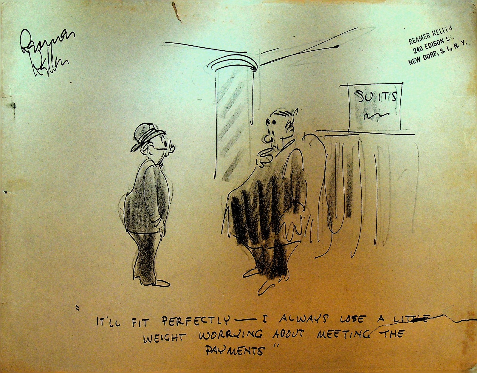 Reamer Keller Original Art Gag ca 1950 Fat Man Suit Worrying About Payments