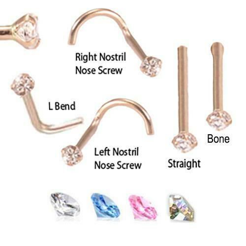 14K Rose Gold Nose Ring Stud Screw L Bend Bone CZ 20G 18G 22G