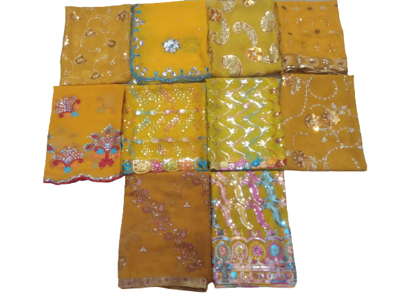 Antique Lot of 10 Indian Wedding Dupatta Golden Sequins Scarf Beaded Georgette L