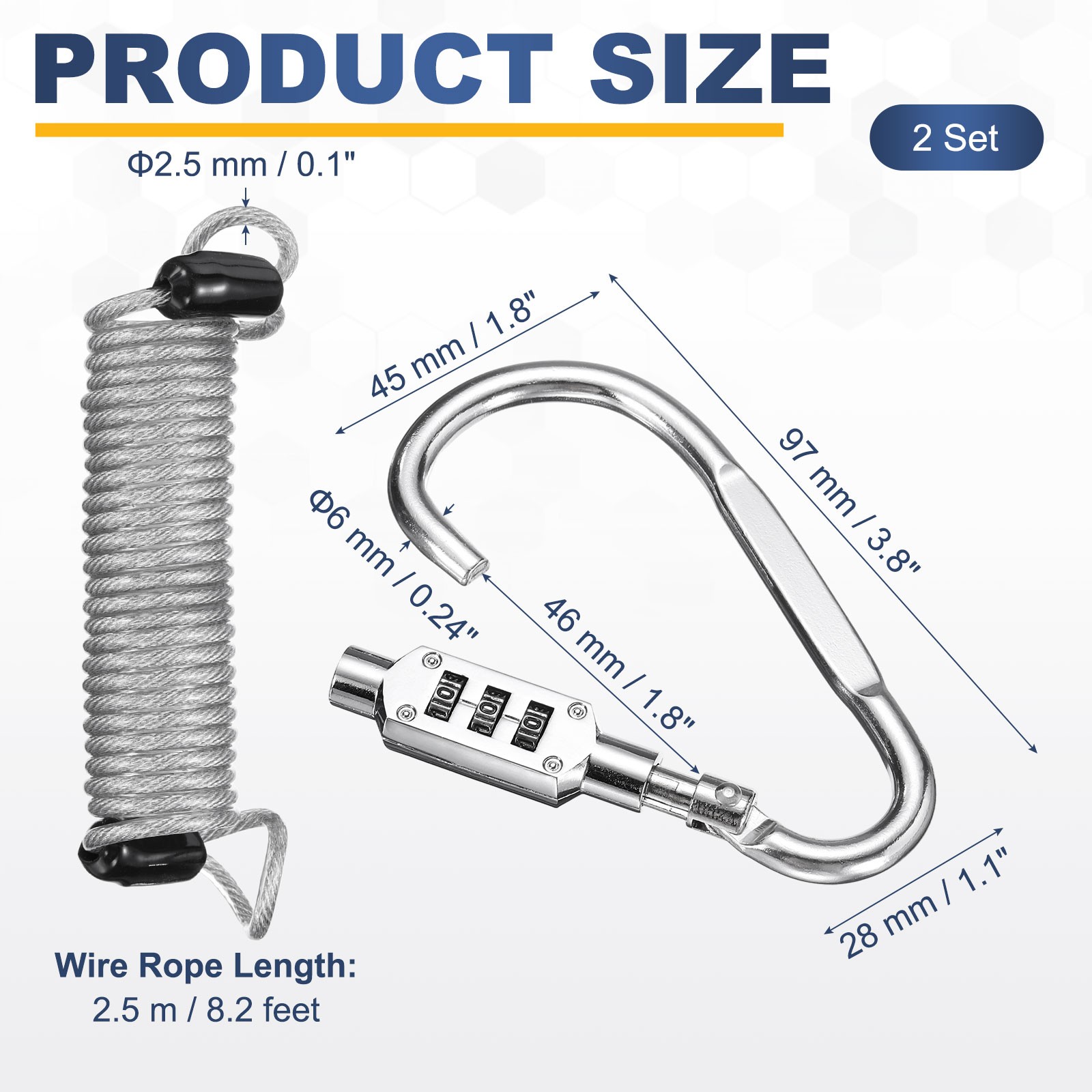 2 Set 8.2Ft Cable Lock Steel Safety Cable with 3.8" Combination Lock Silver