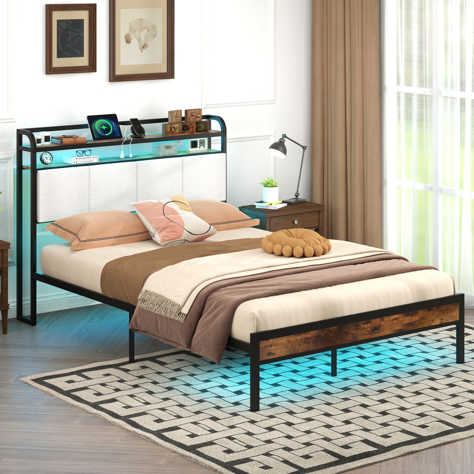 Full Size Bed Frame w/LED Light & Charging Station Heavy Duty Metal Platform Bed
