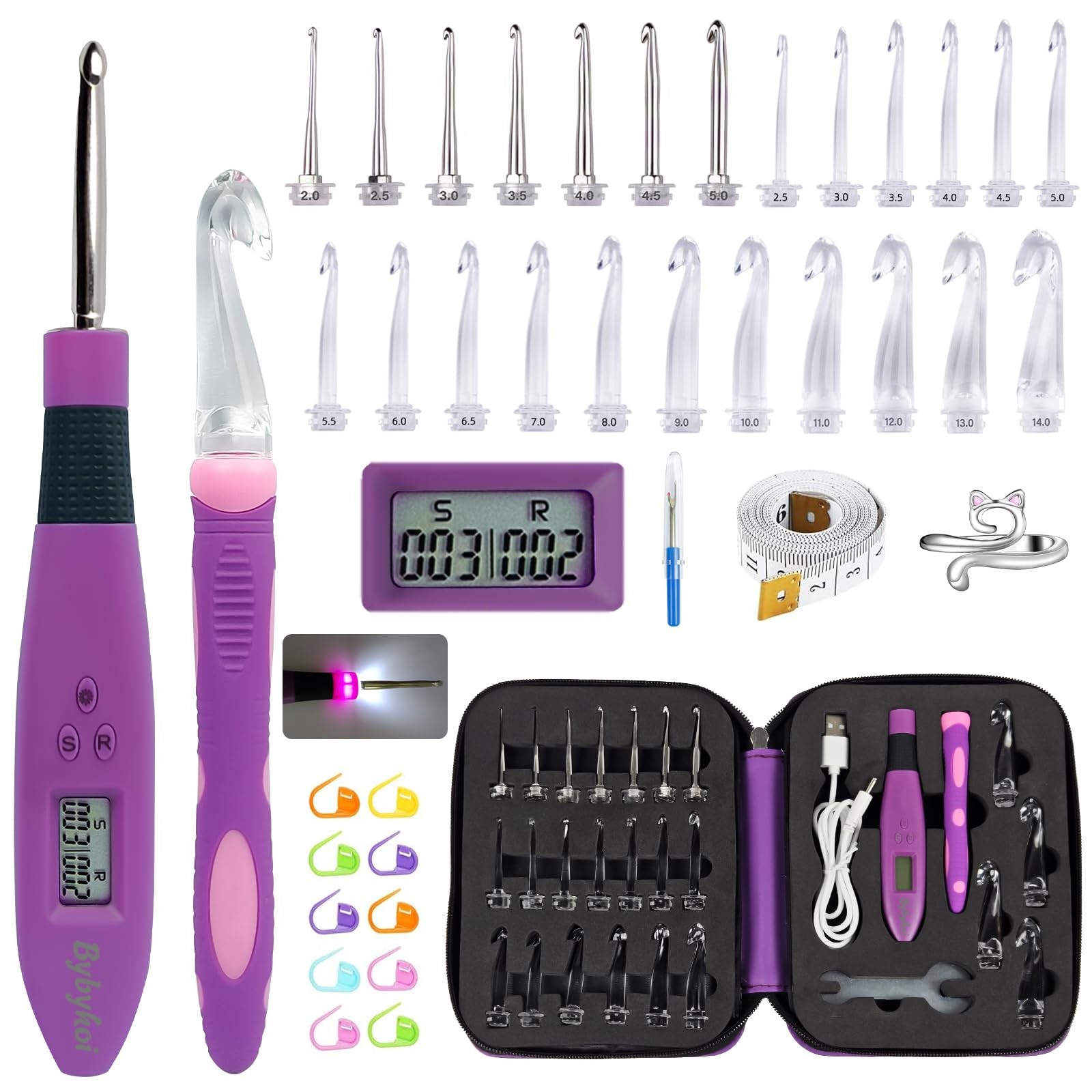 Light Up Crochet Hooks Set with 24 Interchangeable Tools & Digital Counter