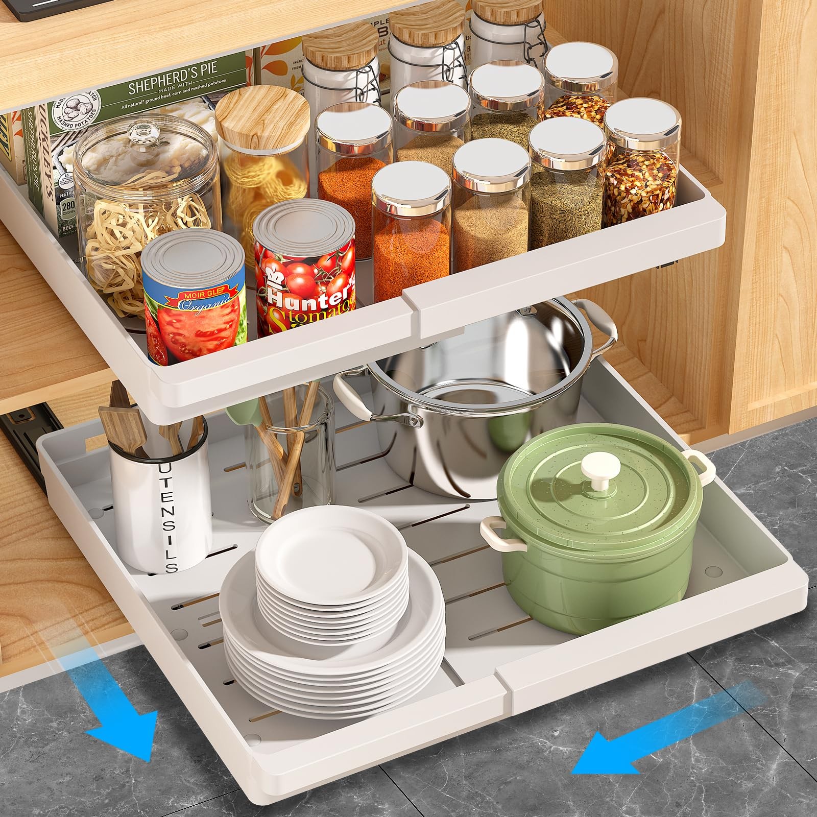 2 Pack Pull Out Cabinet Organizers Expandable, Plastic Slide Out Drawers for ...