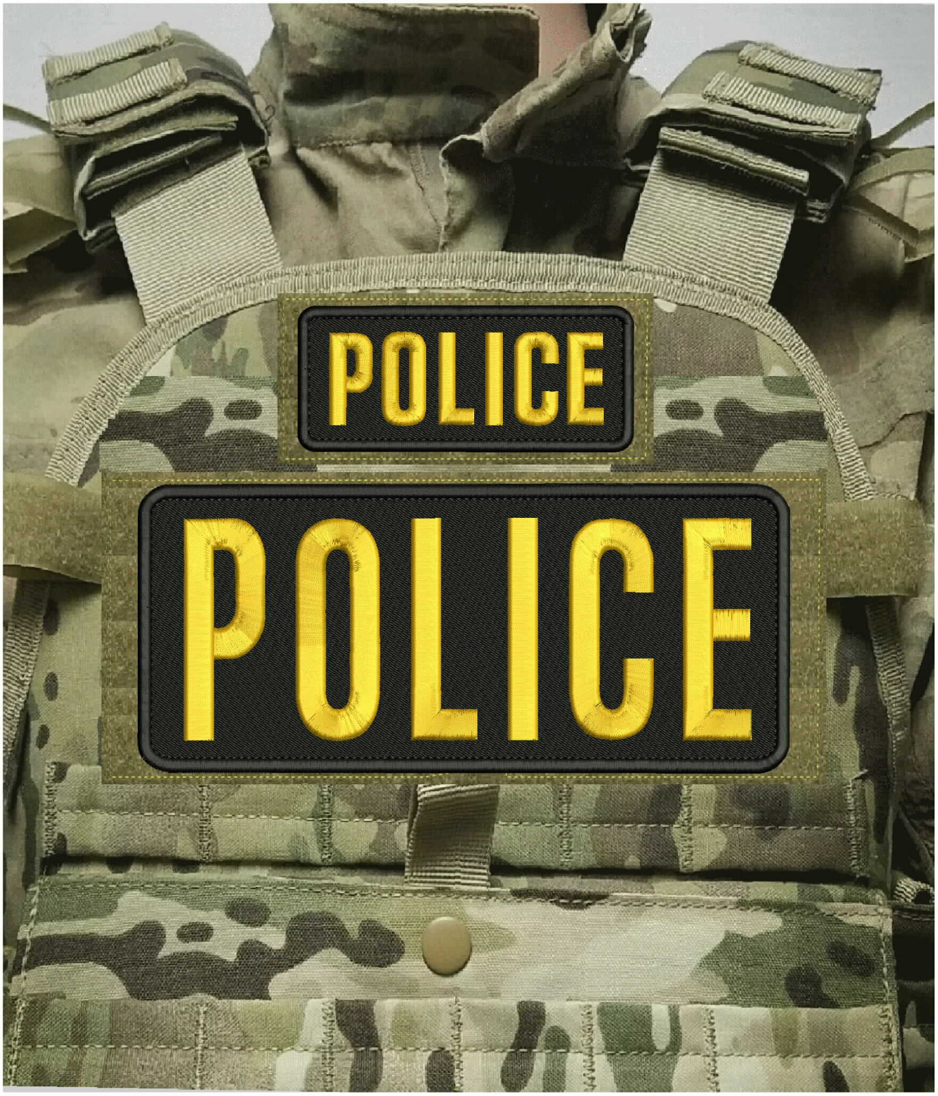 POLICE 2 Embroidery Patches 4X10 AND 2X5  HOOK ON BACK GOLD ON BLACK