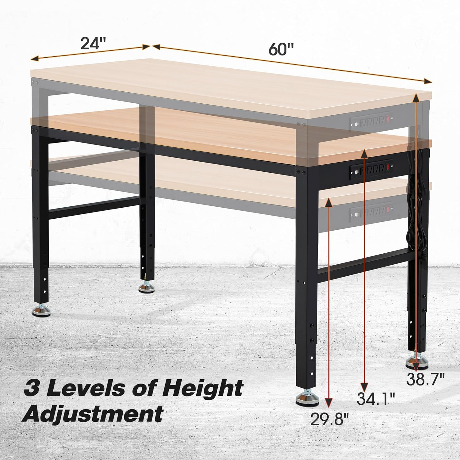 Antifir 60” Adjustable Workbench，Heavy Duty Wood Work Bench 2000 Lbs Load Capaci
