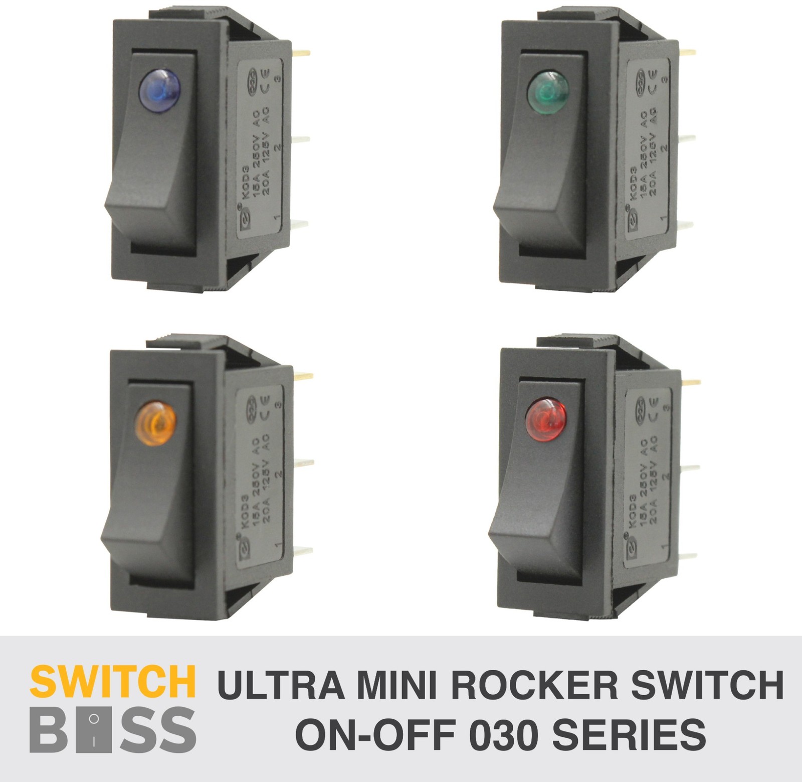 Ultra Mini ROCKER TOGGLE SWITCH ON-OFF - LED Dot Illuminated 12v 24v 4 Colours