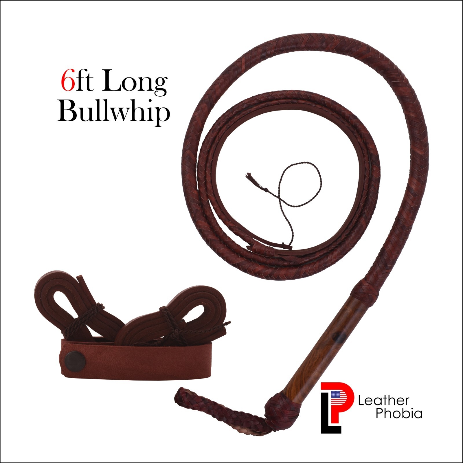 Stock Whip Australian Leather Whip 06 feet long 8 inches Wooden Handle Bullwhip