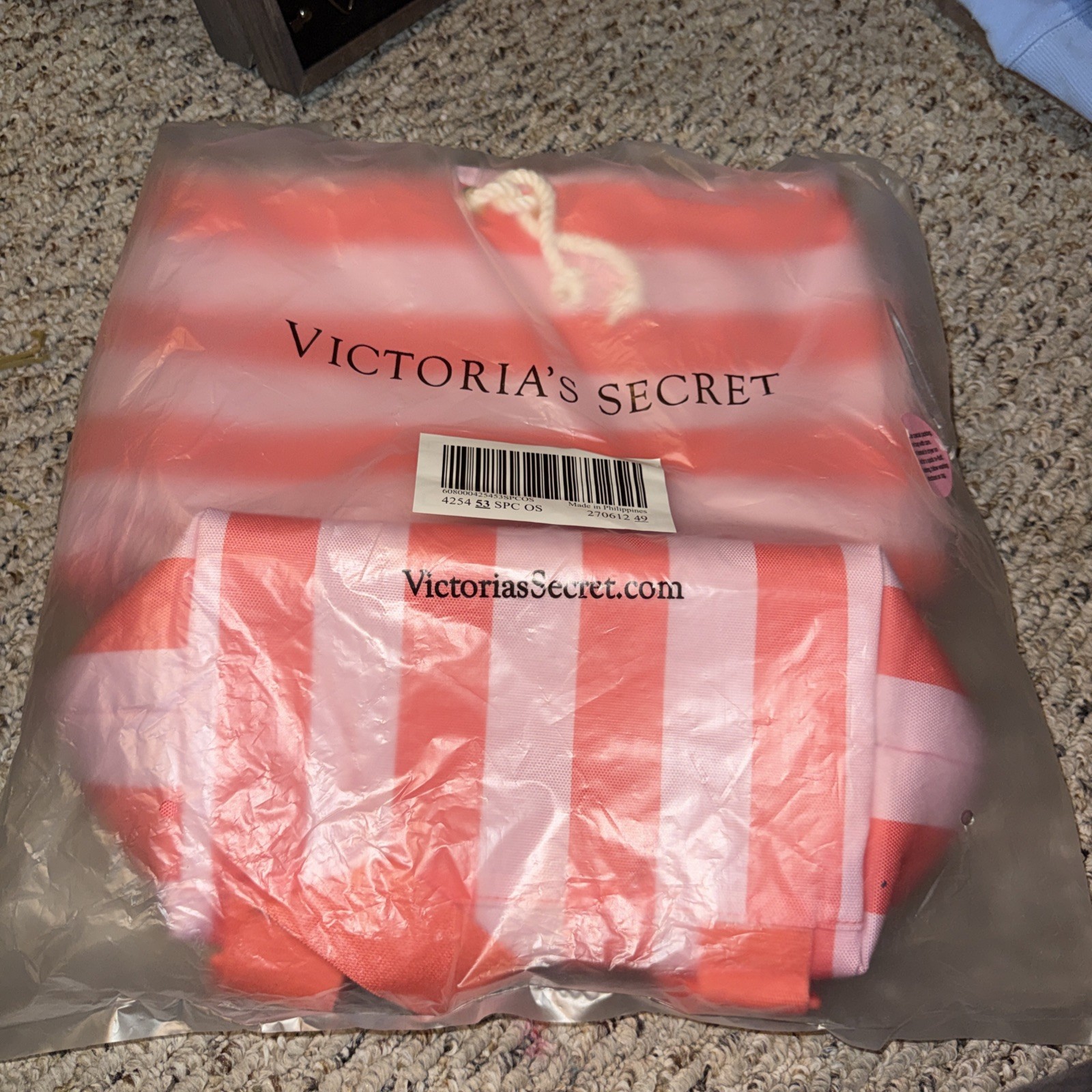 Victoria Secret Beach Cooler Bag Zip Compartment Pink Stripe 2025 Coral Pink NWT