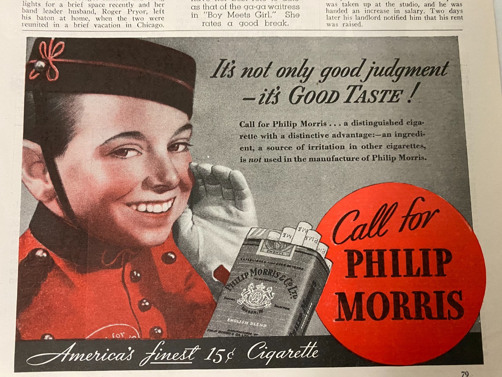 Philip Morris Cigarettes, Half Page Vintage Print Ad, aa