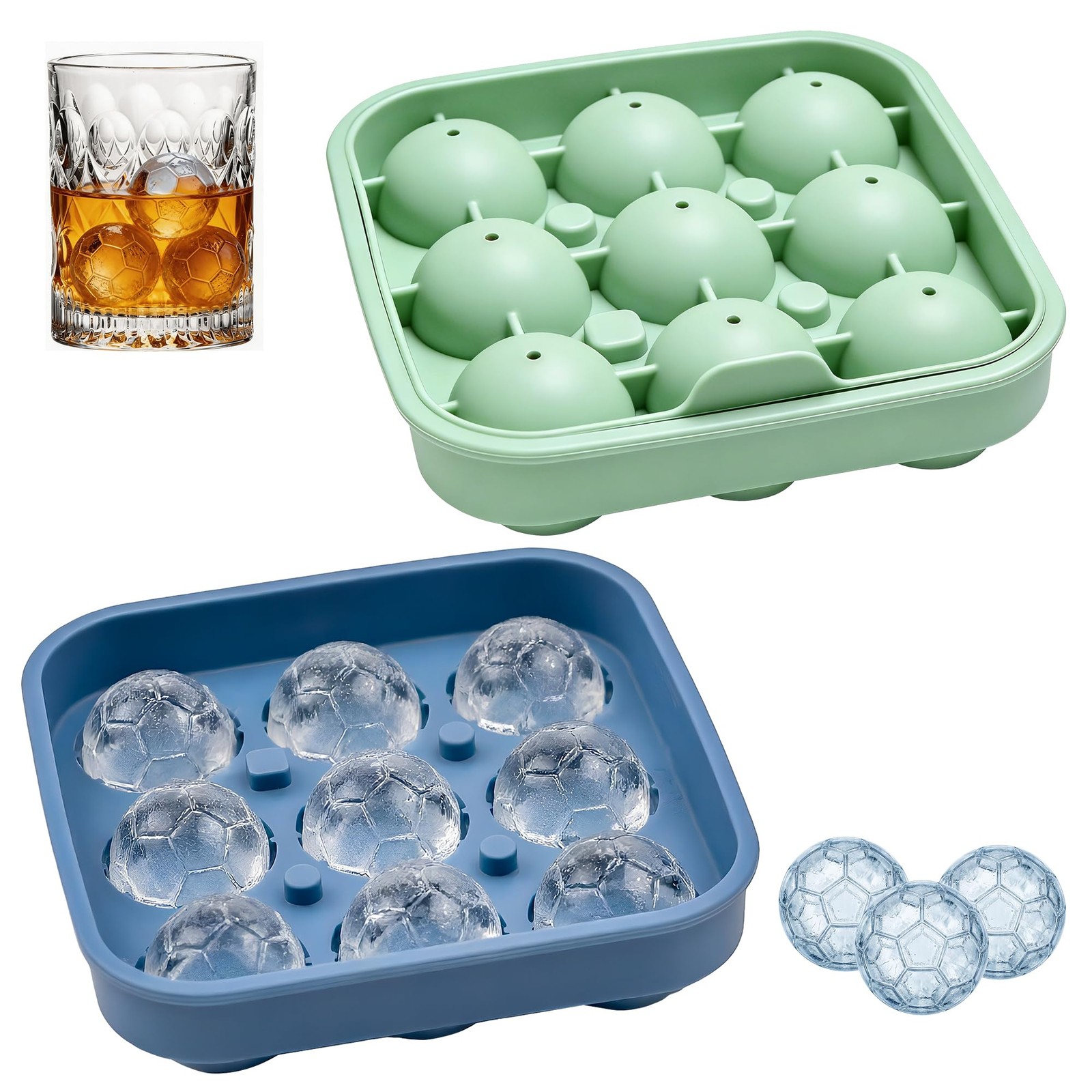 2 Pack Football Ice Cube Tray, Small 1.5" each ball, Mist Green/Lake Blue
