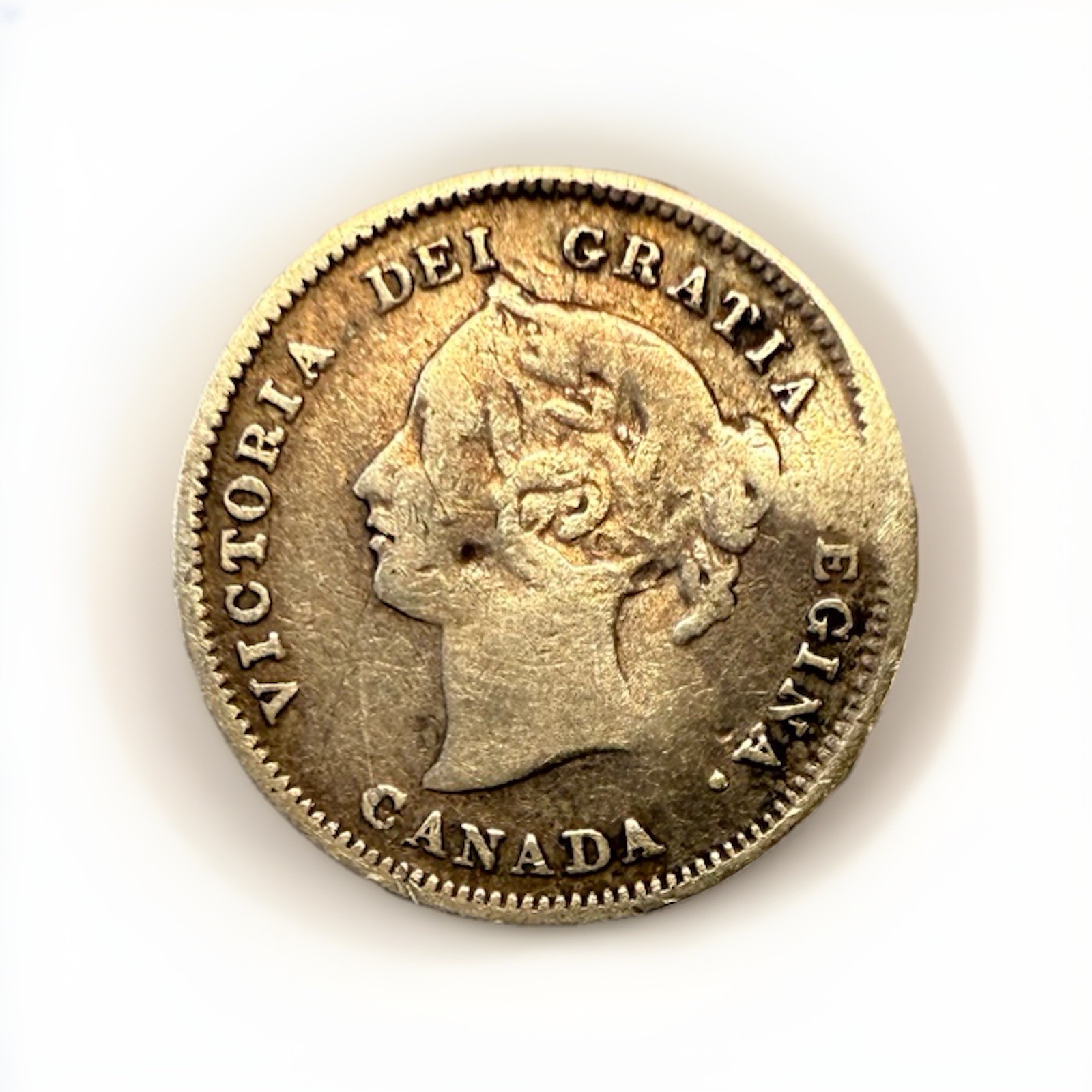 1880-H Canada 5 Cents Silver – Queen Victoria – Heaton Mint – Rare Date – VG/F