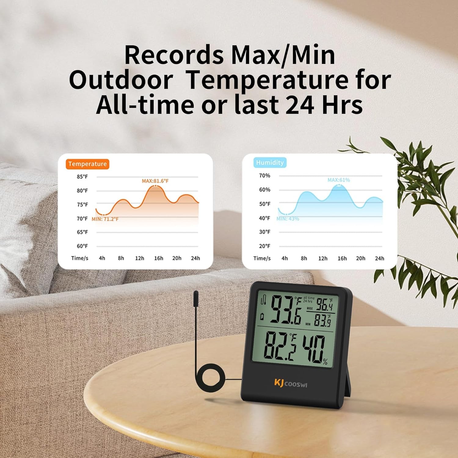 Digital Indoor Outdoor Thermometer Wired, Temperature Black