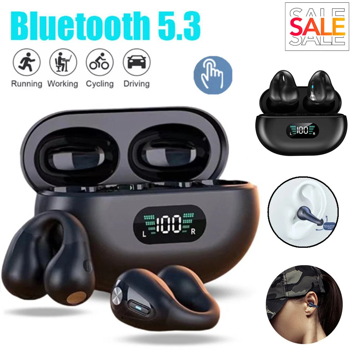 Bluetooth 5.3 Wireless Earbuds Sport Ear Clip Bone Conduction Headphones Headset