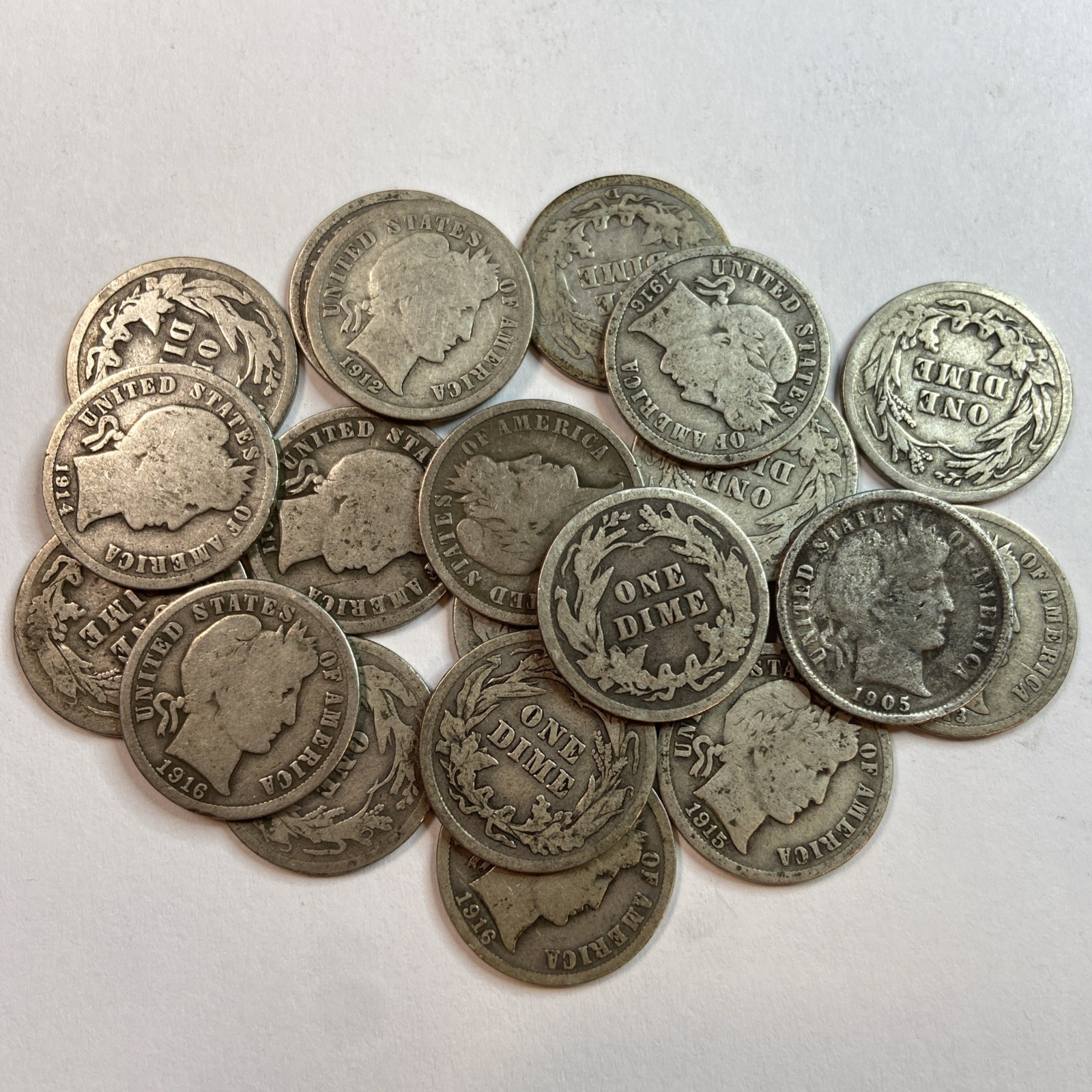 20 Barber Silver Dimes – 1898–1915 – Mixed Mints – G/VG/F – 90% Silver