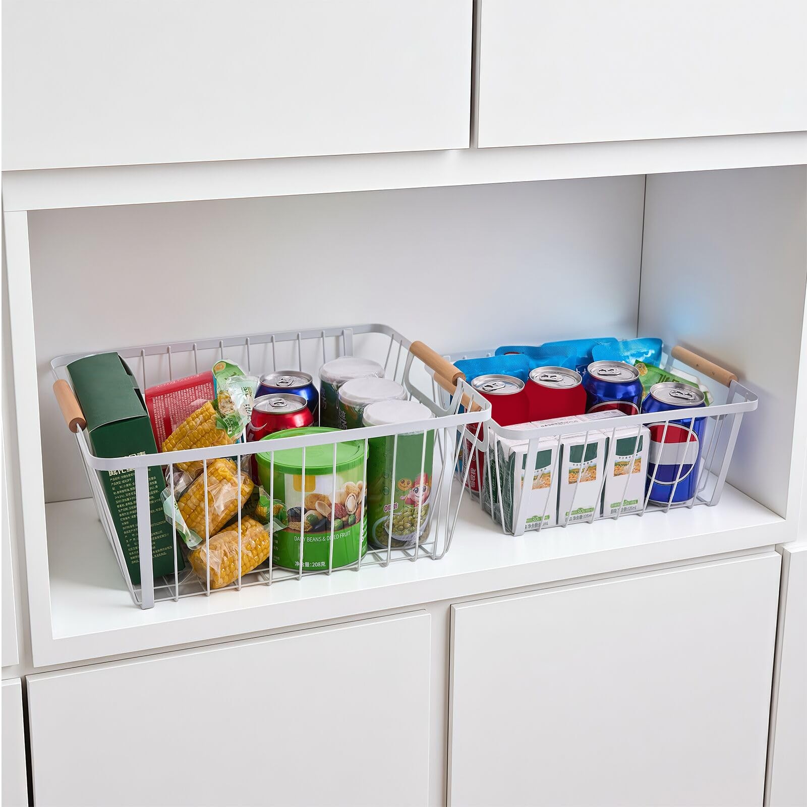 White wire baskets for organizing with Wooden Handle ,Metal Wire Storage Bask...