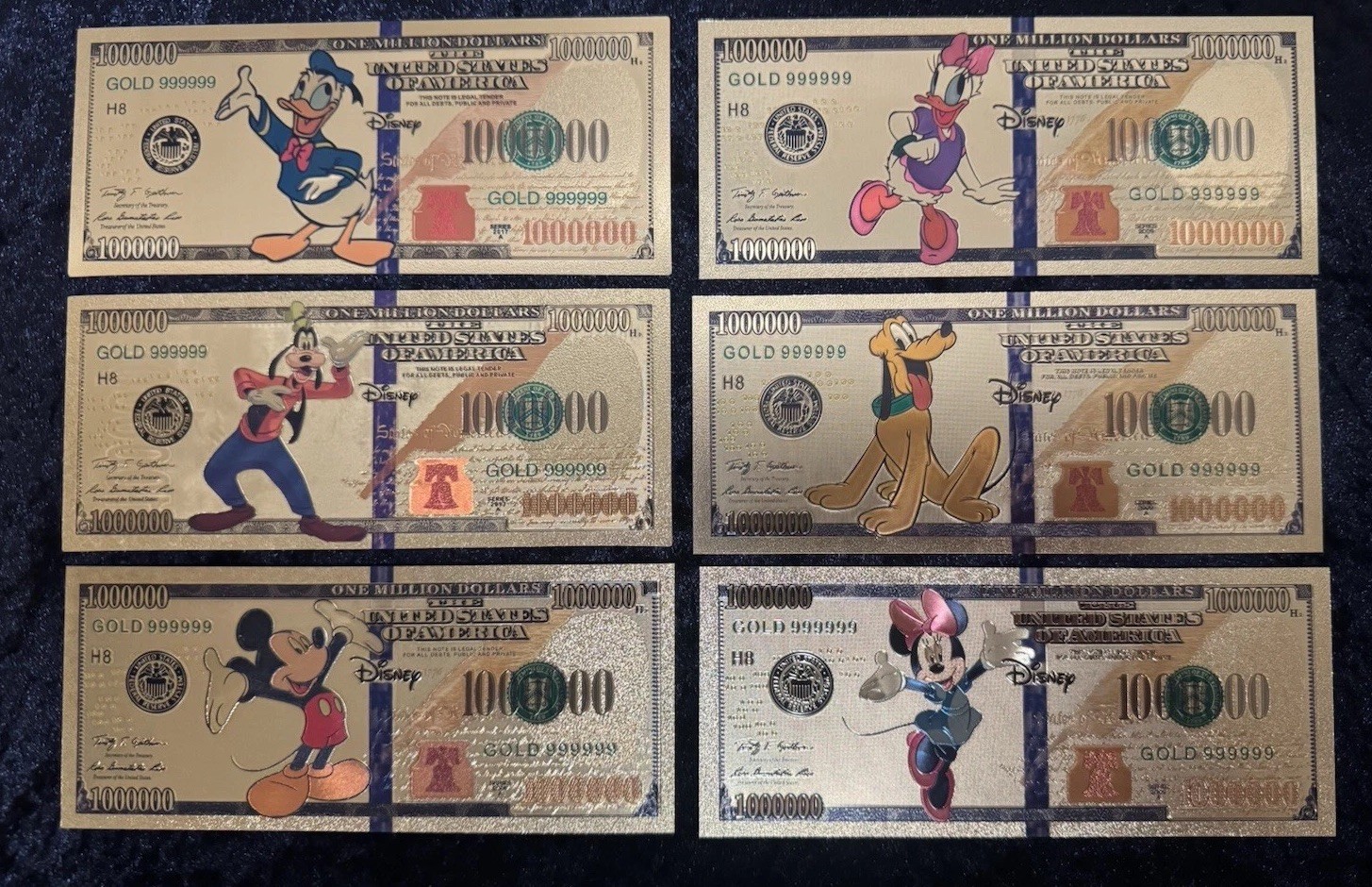 Disney Gold Foil Dollar Set Mickey Minnie Goofy Pluto Donald Daisy Novelty