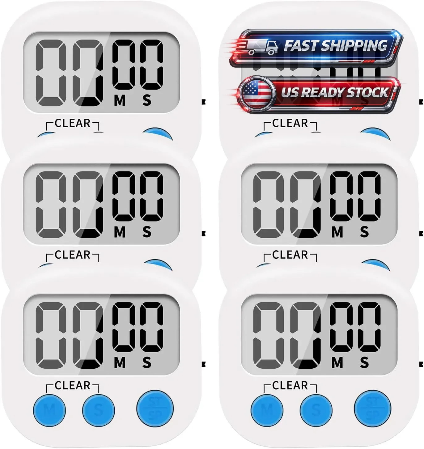 6 Pack Small Digital Kitchen Timer Magnetic Back and ON/Off Multicolored