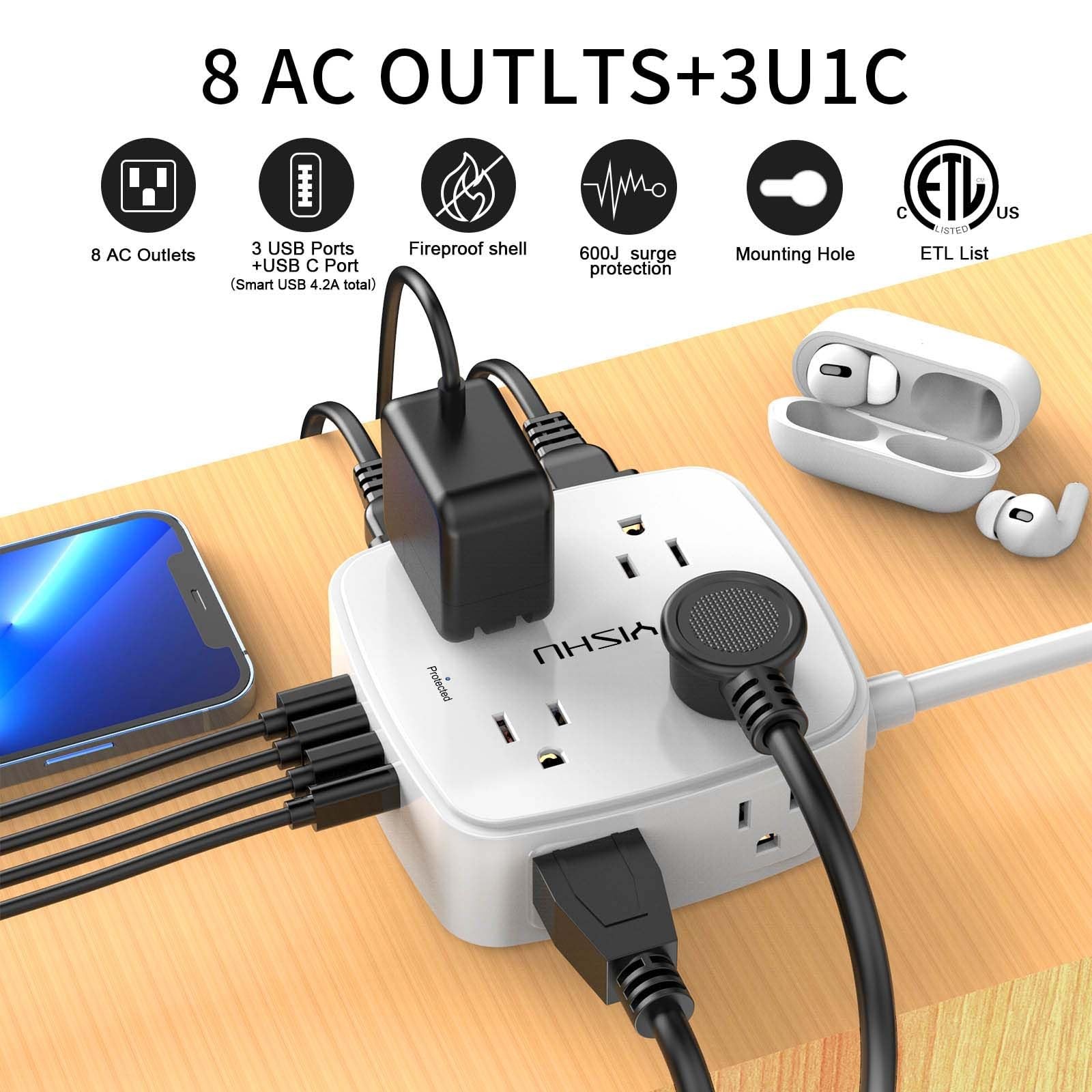 6FT Surge Protector Power Strip - 8 Outlets, 4 USB, Flat Plug, Wall Mountable
